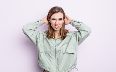 young pretty girl feeling frustrated and annoyed, sick and tired of failure, fed-up with dull,...