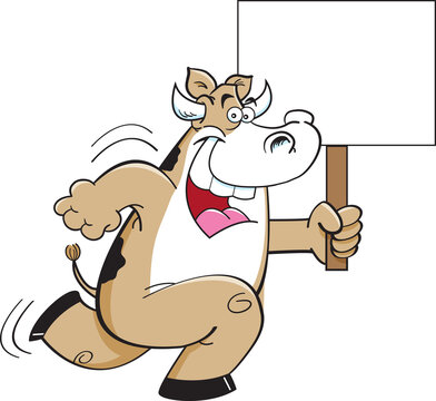 Cartoon illustration of a happy cow running while holding a sign.