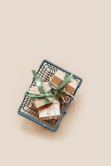 Christmas gift. gift box,zero waste, eco friendly hand made box packaging gifts in kraft paper table, eco christmas holiday concept, Christmas gift wrapping,eco decor banner