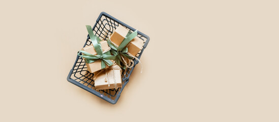 Christmas gift. gift box,zero waste, eco friendly hand made box packaging gifts in kraft paper table, eco christmas holiday concept, Christmas gift wrapping,eco decor banner