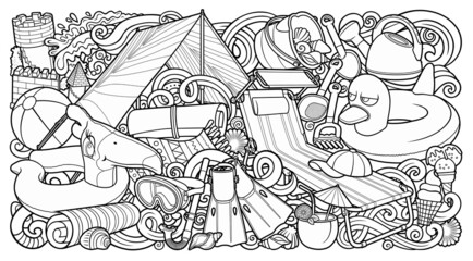 Cartoon cute doodles hand drawn summer beach children's entertainment illustration.