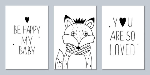 Set of Scandinavian monochrome posters with animals and captions. Black and white wall art to decorate a child's room