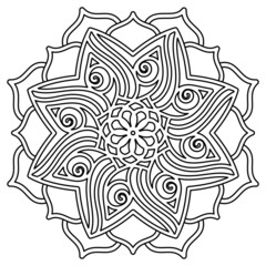 a fabulous flower. lotus. black and white isolated drawing by hand. coloring page, embroidery, pattern, print, henna, tattoo, logo.