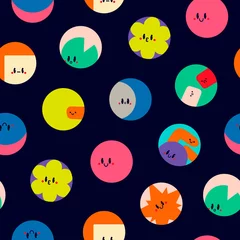 Tapeten Round abstract Icons. Funny comic Faces with various Emotions in circles. Various abstract creatures. Different colorful characters. Cartoon style. Flat design. Hand drawn Vector seamless Pattern © Dariia