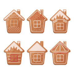 Cute Christmas set with gingerbread. Christmas gingerbread in the shape of a house. Festive pastries. Christmas cookies in the shape of a house. Vector illustration isolated on a white background