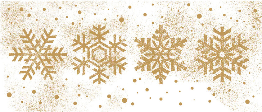 Snowflake Collection. Snow Symbol. Merry Christmas. December Holiday.  Winter Pattern. Happy New Year. Set Of Golden Snowflakes. Gold Frozen Snow On White. Vector Rough Flakes. Grunge Snow Crystal.