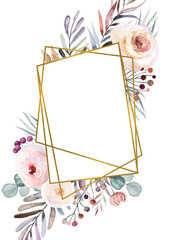 Winter floral Watercolor geometric frame with pastel flowers, leaves, berries and flowers