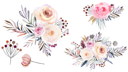 Winter floral Watercolor bouquets with pastel leaves, berries and flowers