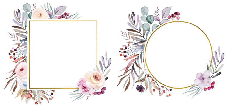 Winter floral Watercolor frames with pastel leaves, berries and flowers