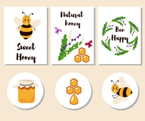 Honey bees and beekeeping cards for tag, sticker kit, label design. Vector illustration