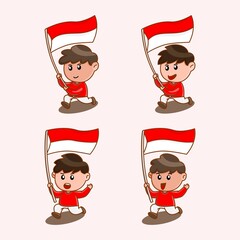Cute little boy carrying a flag Indonesia, little children celebrate independence, heroes day