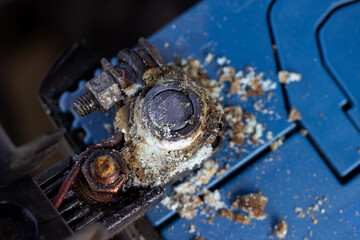 Close up battery terminals corrode dirty damaged problem, Old battery corrosion deteriorate leaking...
