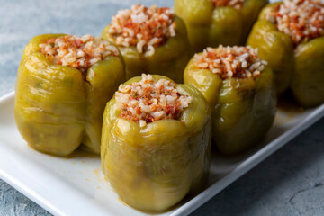 Traditional Turkish foods; Stuffed pepper (Turkish name; biber dolmasi)