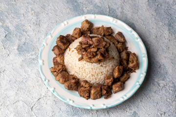 Turkish Meat Et Kavurma with rice - pilav (Turkish name; kurban kavurma, pilav ustu kavurma)