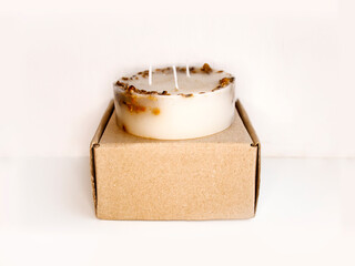  Aromatherapy, decoration, scented candles from dried lavender and chamomile flowers. Eco craft packaging, cardboard box.  Idea for business.Mock up with place for text or logo.