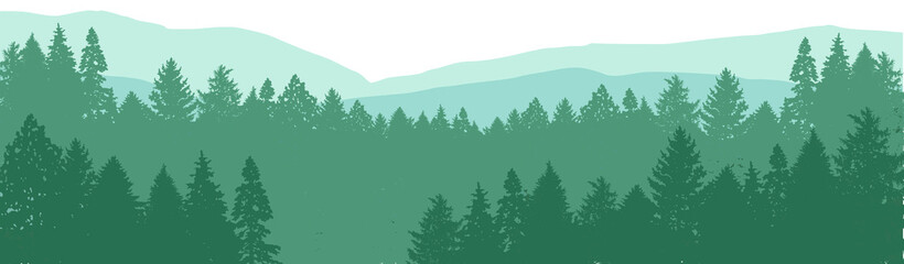 Forest Background. Tree Silhouette. Vector Illustration. Park View. Nature Landscape Collection. Evergreen Conifers. Pine, Spruce, Cedar, Cypres. Sunrise Forest Horizontal. Abstract banner of Hill.