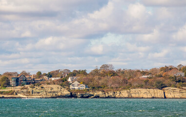 Scenic view of the seashore and residential area in Middleton, Rhode Island, from Second Beach Park