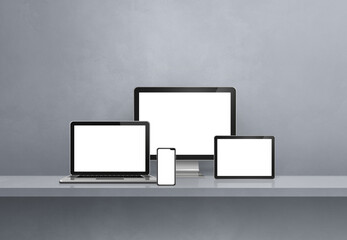 Computer, laptop, mobile phone and digital tablet pc. Grey shelf banner