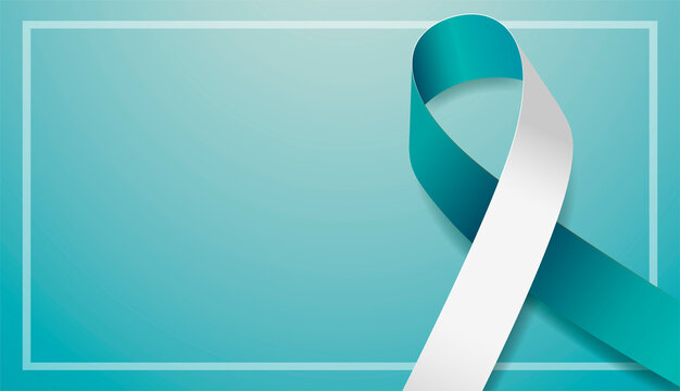 Cervical cancer awareness month banner with teal and white ribbon awareness.