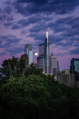 Philadelphia Skyline with Purple Sky and Full Moon
