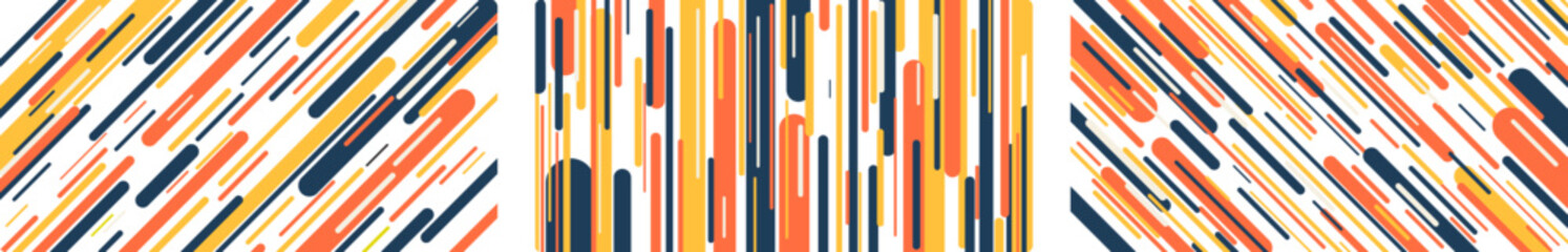 Geometric lines pattern. Lined background set. Creative vintage style colors design. Lined orange, yellow, blue and white colors vector