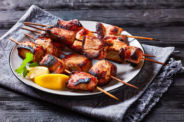 Juicy grilled pork kebabs on a plate