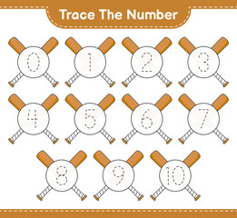 Trace the number. Tracing number with Baseball Bat. Educational children game, printable worksheet, vector illustration