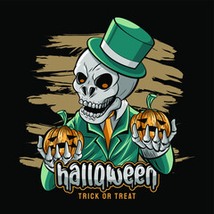 Happy halloween the tuxedo skull with pumpkin
