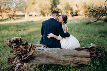 Fototapeta premium the groom and the bride are walking in the forest near a narrow river