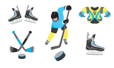 A set of hockey items. Stickers. Equipment for a hockey player. Skates, hockey stick, puck.