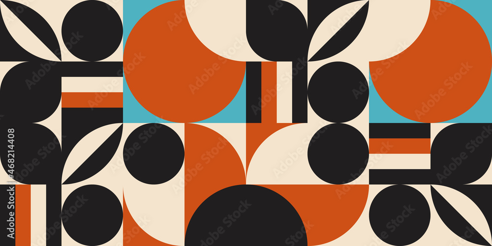 Fototapete Modern vector abstract  geometric background with circles, rectangles and squares  in retro scandinavian style. Pastel colored simple shapes graphic pattern.