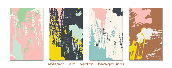 Collection of abstract creative backgrounds. Pastel colored textures set. Graphic artwork for poster, cover, invitation, placard, brochure, flyer. Vector templates with paint strokes and shapes 