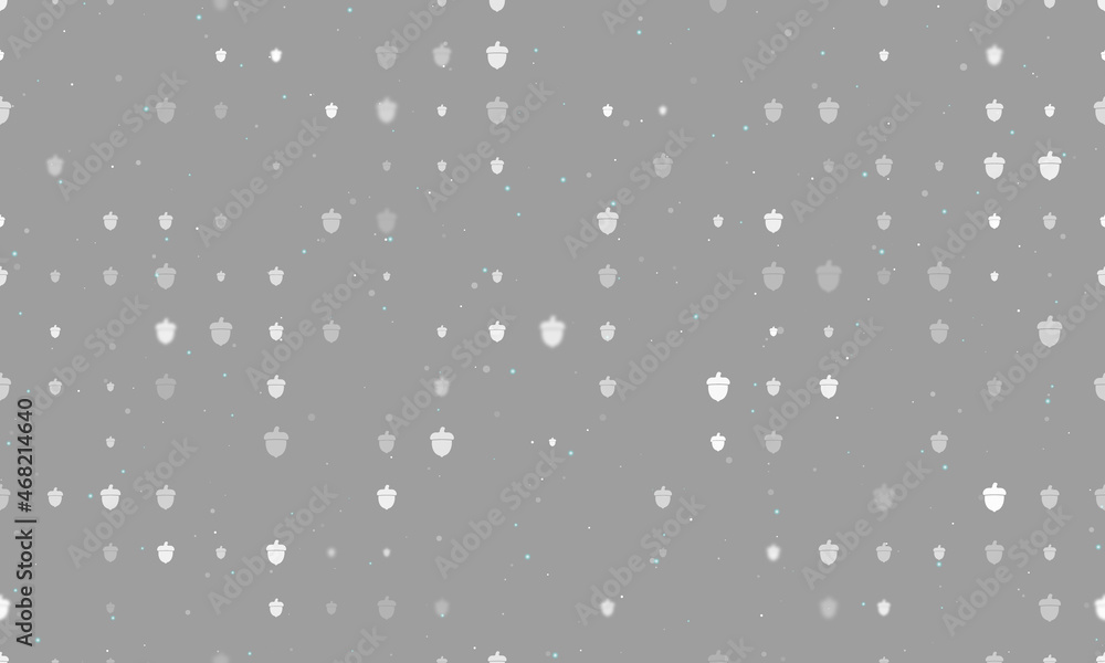 Poster seamless background pattern of evenly spaced white acorn symbols of different sizes and opacity. vec