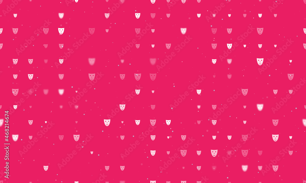 Poster seamless background pattern of evenly spaced white theatrical masks of different sizes and opacity. 