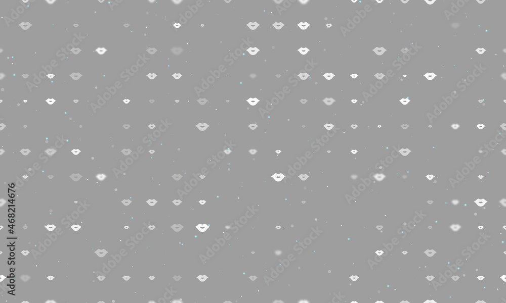 Poster Seamless background pattern of evenly spaced white lips symbols of different sizes and opacity. Vector illustration on gray background with stars