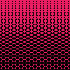 Abstract seamless geometric circle pattern. Mosaic background of black circles. Evenly spaced shapes of different sizes. Vector illustration on pink background