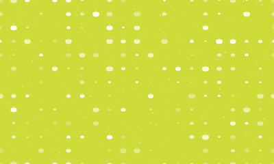 Seamless background pattern of evenly spaced white pumpkin symbols of different sizes and opacity. Vector illustration on lime background with stars