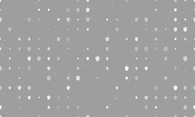 Seamless background pattern of evenly spaced white acorn symbols of different sizes and opacity. Vector illustration on gray background with stars