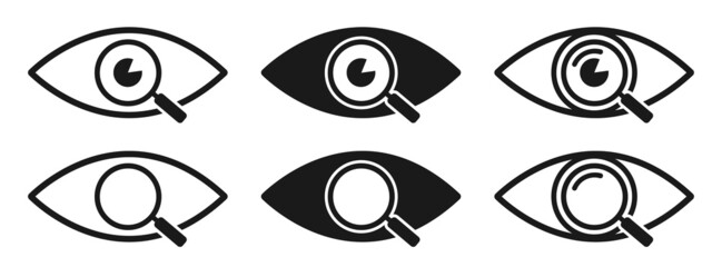 Set of magnifier icons with eye icons. Magnifying glass, eye. Eye care symbols. Vector.