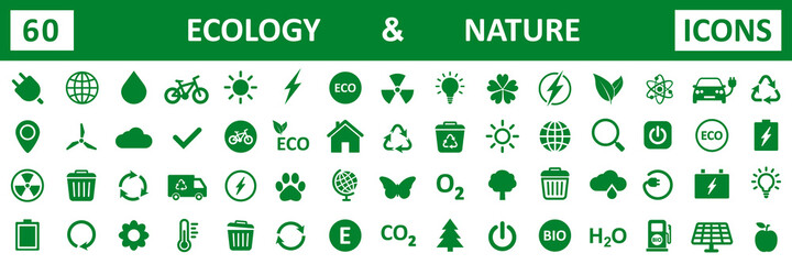 Set of 60 ecology icons. Green nature icons. Vector illustration.