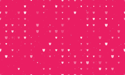 Seamless background pattern of evenly spaced white theatrical masks of different sizes and opacity. Vector illustration on pink background with stars