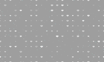 Seamless background pattern of evenly spaced white lips symbols of different sizes and opacity. Vector illustration on gray background with stars