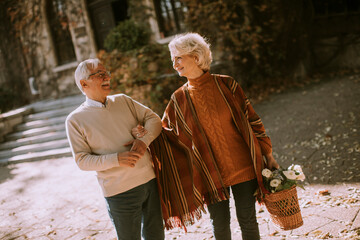 Senior couple walking with basket full of flowers in autumn park