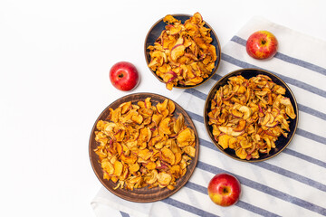  dried organic apple, sliced, in a plate, on a gray table background and fresh apples, top view, flat lay