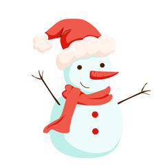 Cute Snowman in a red scarf and Santa hat. Vector illustration in cartoon style, isolated on a white background
