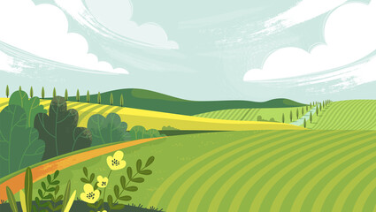 Countryside landscape with field, trees, grass and sky. Background of a sunny summer day in the village. Meadow vector flat style illustration. Green landscape with yellow fields. Lovely rural nature.