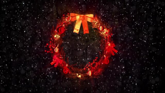 beautified christmas circlet on colorful background with falling snow