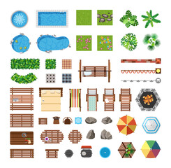 Set of items for recreation on the personal plot. Vector objects for furnishing the yard. View from above.