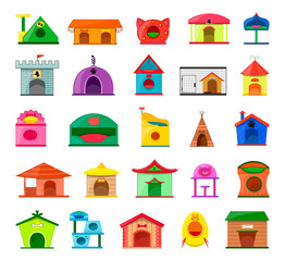 Vector collection of colorful houses for cats, dogs, hamsters, birds.