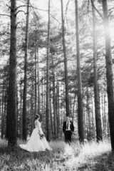 the bride and groom are walking in a pine forest